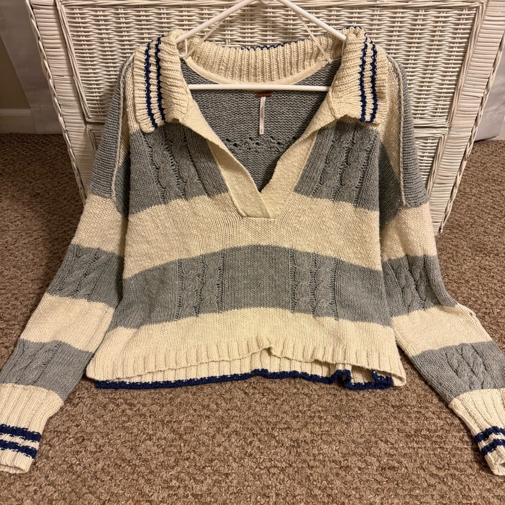 Free People V-Neck Sz Small Pembrook Striped Cable Knit Sweater Preppy Cotton - Picture 2 of 8